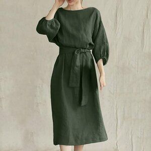 3/$25 Cotton Tie Waist Puff Half Sleeve Casual Midi Dress